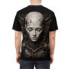 Cyberpunk android head with wires and gears on a black t-shirt. Detailed robotic face graphic for streetwear aesthetic.