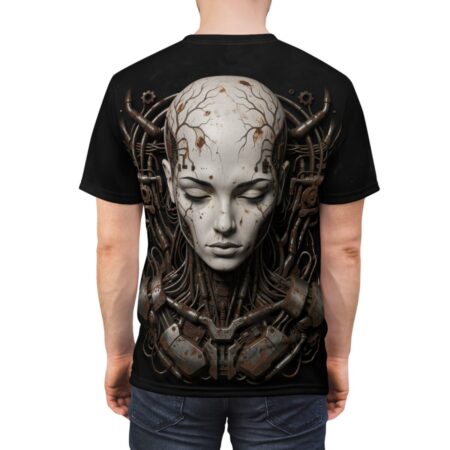 Cyberpunk android head with wires and gears on a black t-shirt. Detailed robotic face graphic for streetwear aesthetic.
