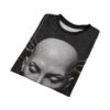 Black all over print t-shirt featuring a cracked cyberpunk android head with wires and intricate detailing.