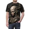 Cyberpunk android head graphic t-shirt featuring intricate mechanical details and wires, in a dystopian aesthetic.