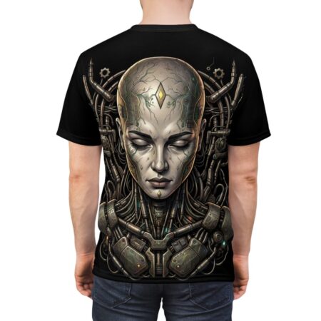 Black sublimation tee with a detailed cyberpunk android head and intricate mechanical wiring graphic.