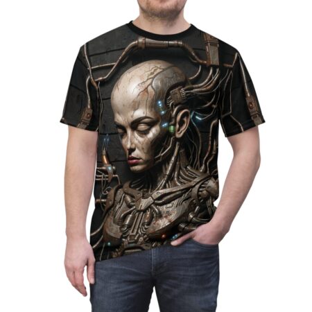 Cyberpunk android head graphic t-shirt featuring intricate mechanical details and wires, in a dystopian aesthetic.