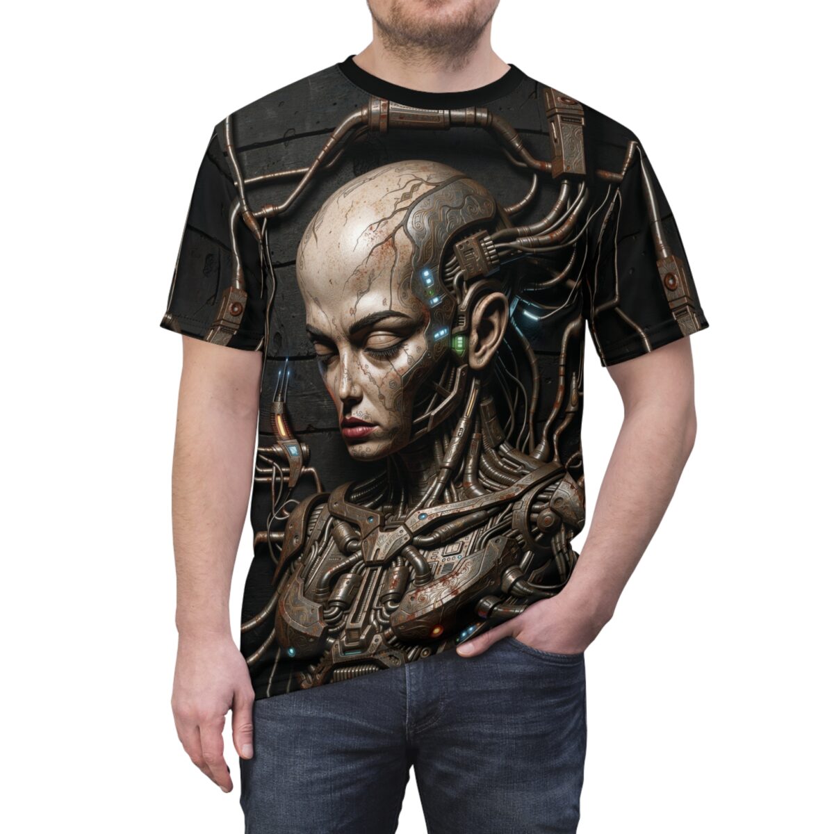 Cyberpunk android head graphic t-shirt featuring intricate mechanical details and wires, in a dystopian aesthetic.