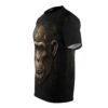Cyberpunk ape sublimation tee with intricate circuit board details and metallic gold accents on a black background, streetwear aesthetic.
