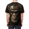 All over print cyberpunk ape sublimation tee featuring detailed mechanical golden circuitry and realistic ape face. Streetwear aesthetic graphic.
