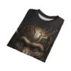 All over print sublimation tee featuring a detailed cyberpunk ape face with intricate gold circuitry and a dark wood-grain background.