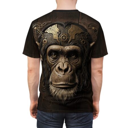 All over print cyberpunk ape sublimation tee featuring detailed mechanical golden circuitry and realistic ape face. Streetwear aesthetic graphic.