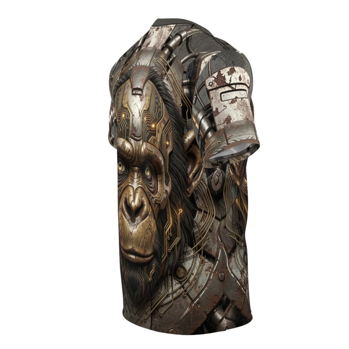 All over print cyberpunk ape sublimation tee featuring a distressed metal and circuit board design, suitable for streetwear.