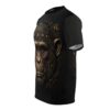Cyberpunk ape face graphic all over print sublimation tee with intricate circuit board design, streetwear aesthetic.