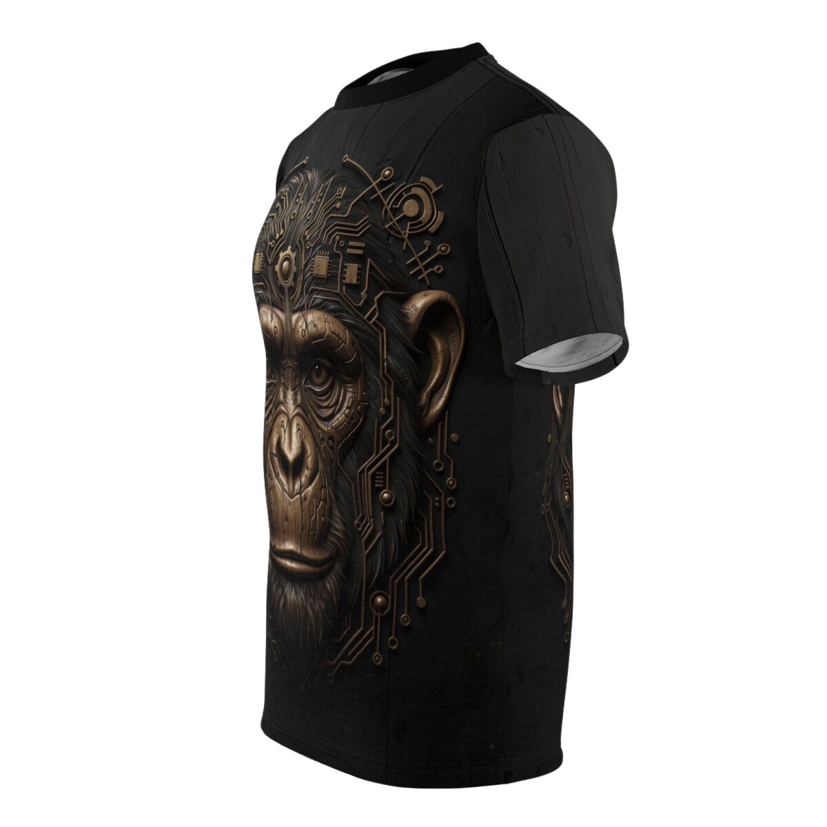 Cyberpunk ape face graphic all over print sublimation tee with intricate circuit board design, streetwear aesthetic.