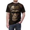 Steampunk ape head graphic sublimation tee with intricate gold circuitry and wood grain background design.