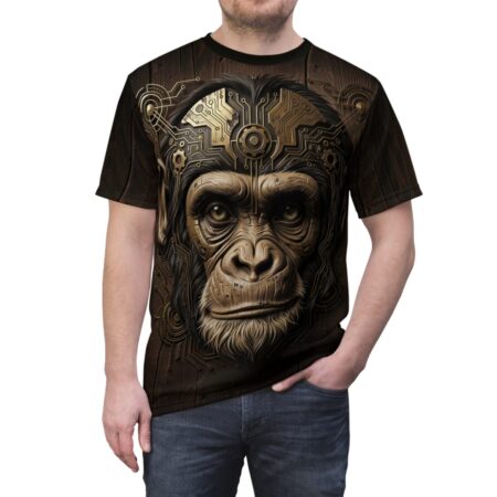 Steampunk ape head graphic sublimation tee with intricate gold circuitry and wood grain background design.