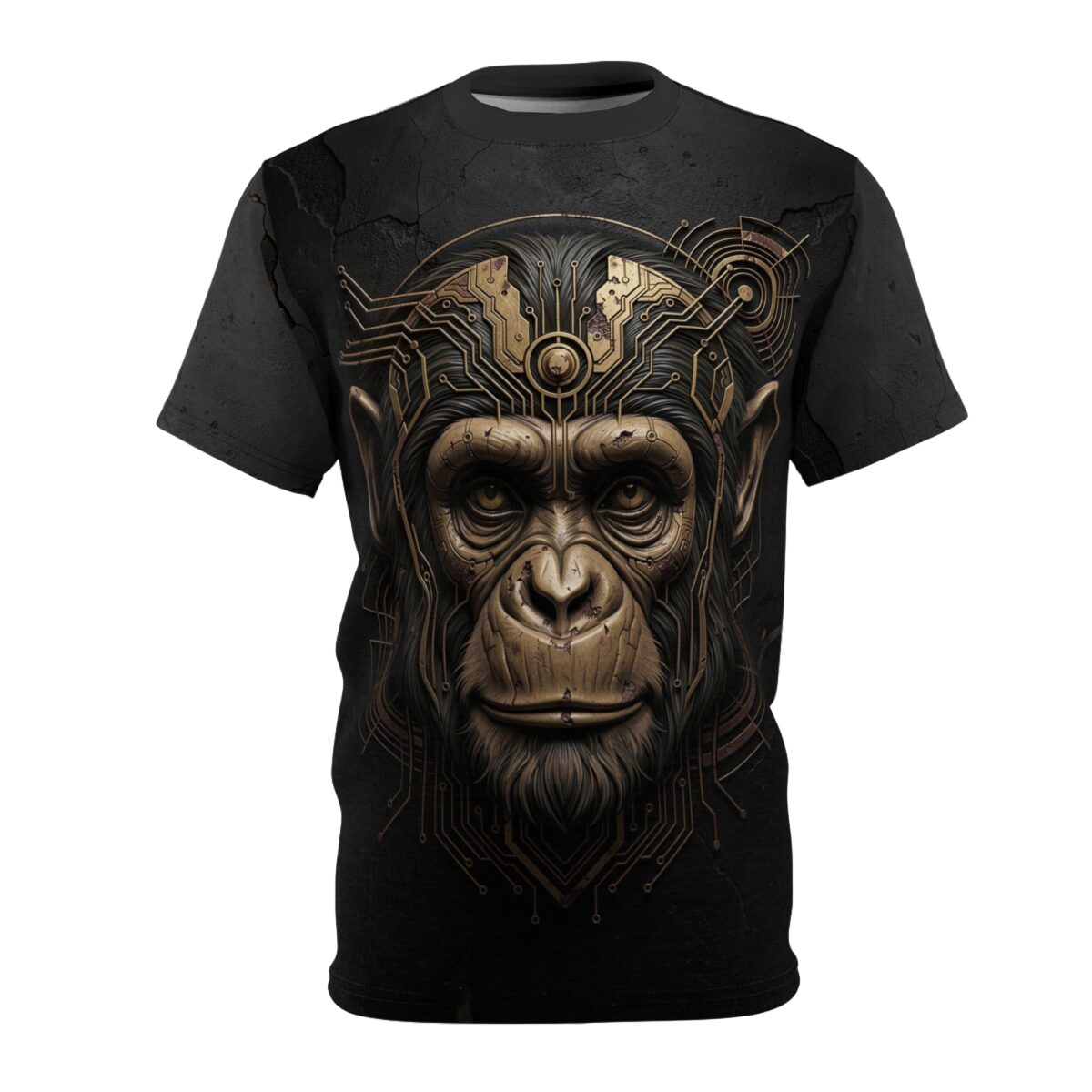 Black t-shirt with detailed cyberpunk ape head graphic featuring gold circuit board elements and textured background.