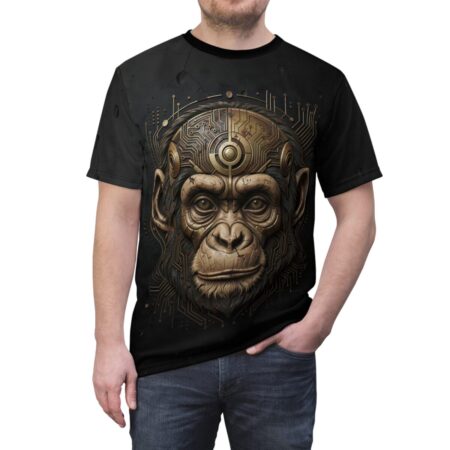 Black t-shirt featuring a detailed cyberpunk ape head graphic with intricate gold circuit board elements.