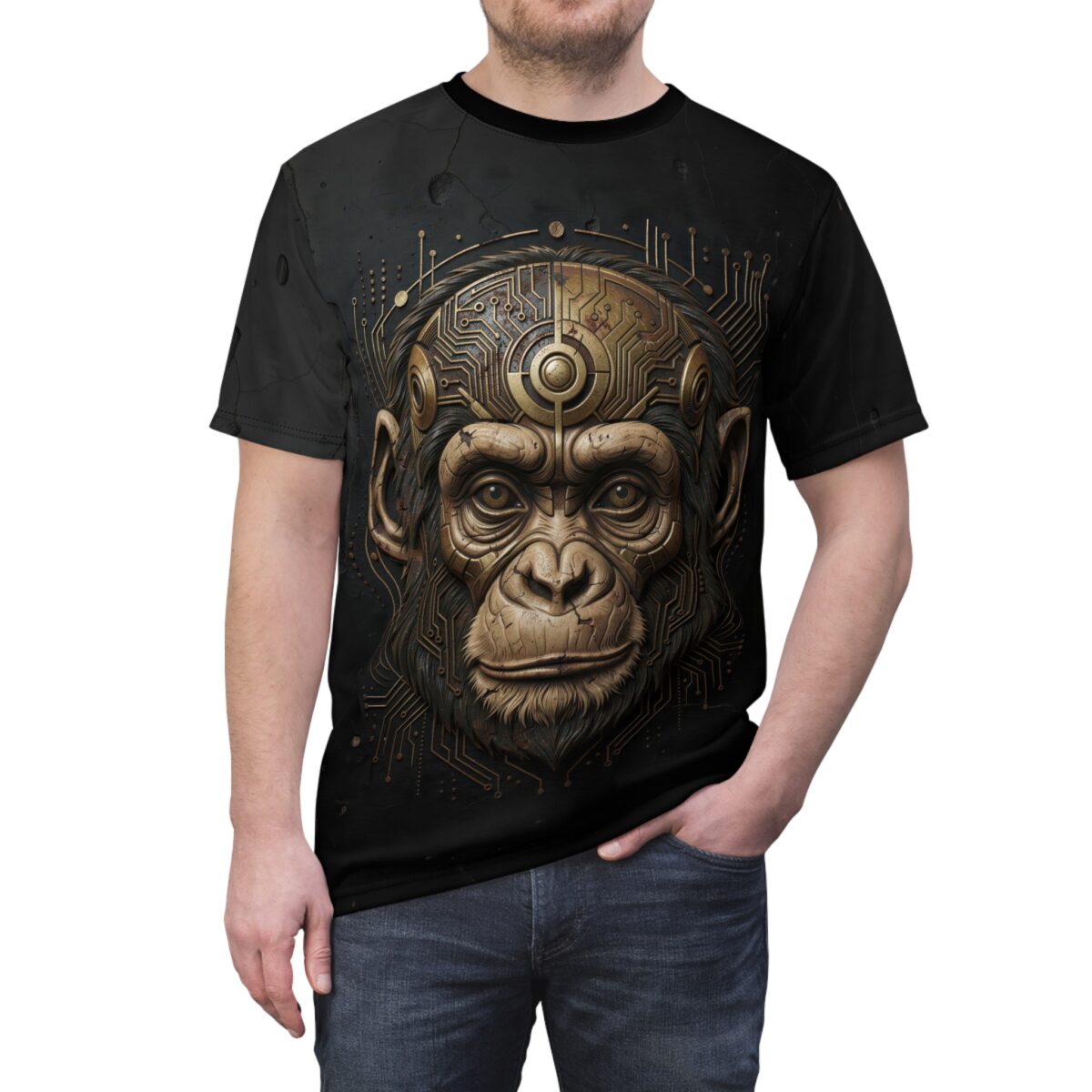 Black t-shirt featuring a detailed cyberpunk ape head graphic with intricate gold circuit board elements.
