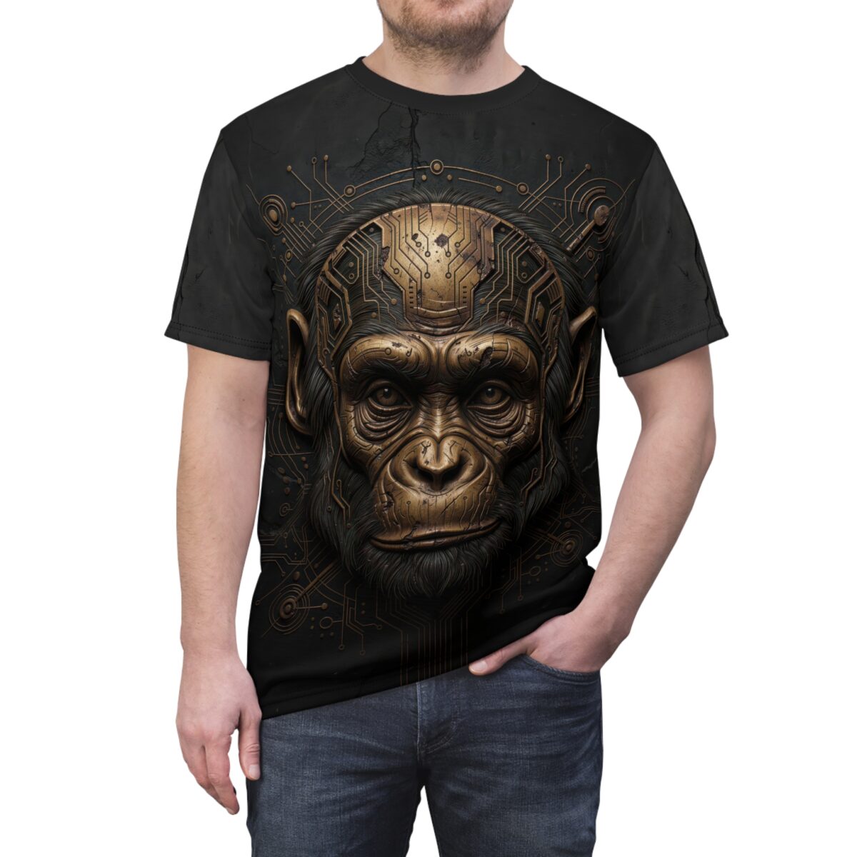 Streetwear aesthetic cyber grunge graphic tee featuring a golden chimpanzee head with intricate circuit board design.