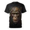 Black t-shirt featuring a detailed cyberpunk chimpanzee head graphic with gold circuit board elements.