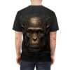 Black all over print sublimation tee featuring a detailed cyberpunk chimpanzee head with gold circuitry graphics.