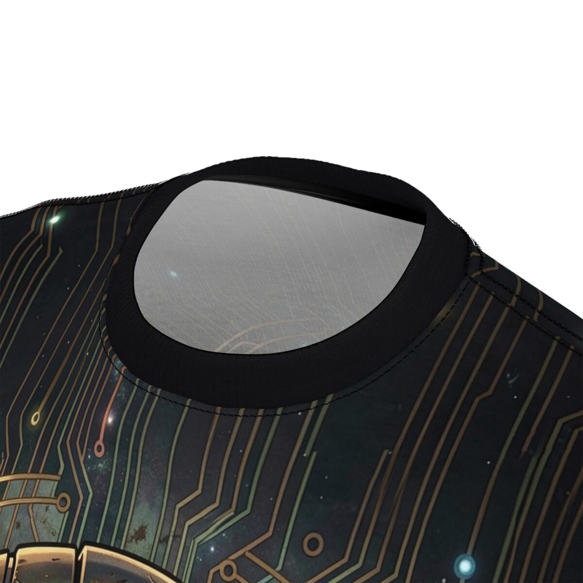 Cyberpunk all over print sublimation tee featuring a dark circuit board graphic with glowing accents. Seamless print design.