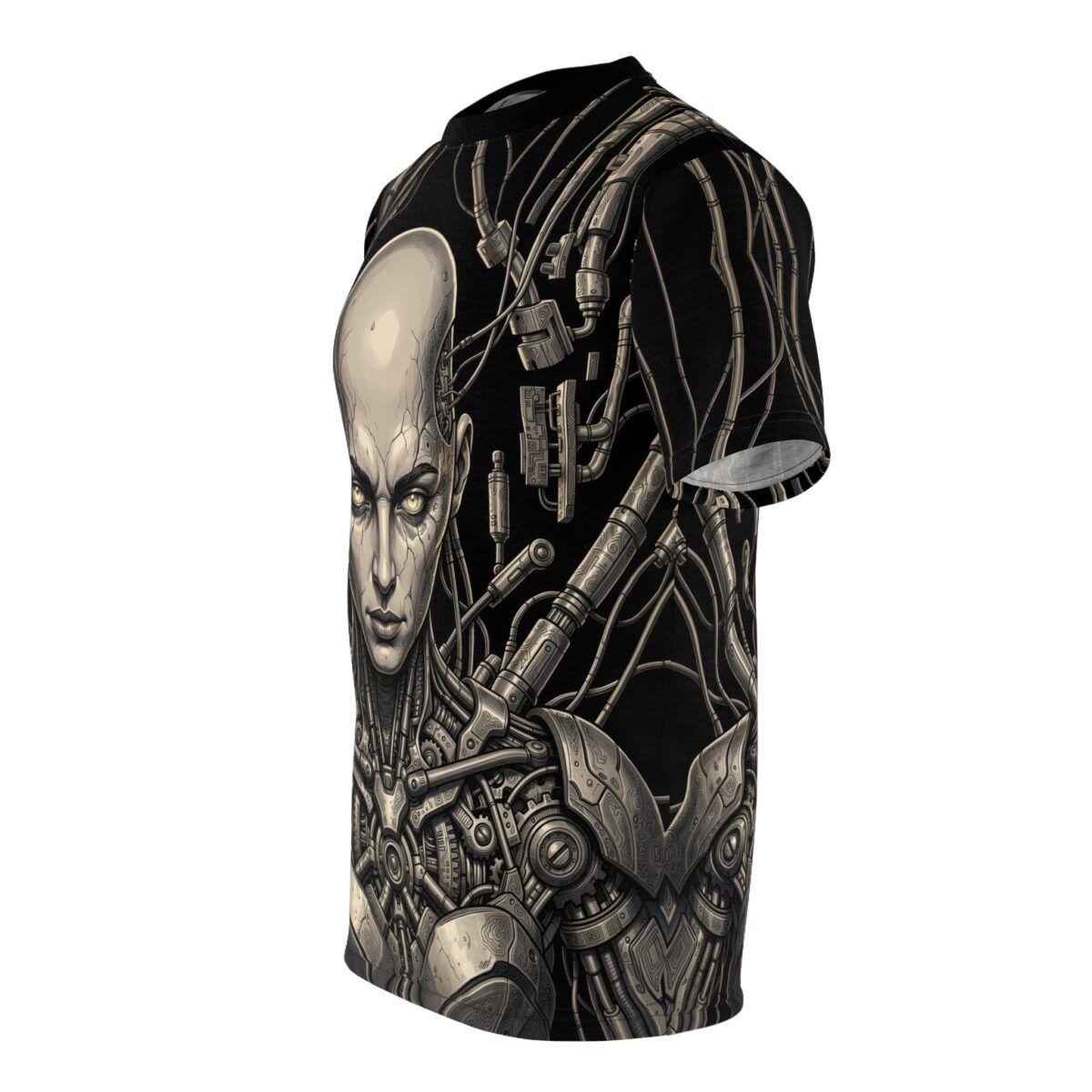 Cyberpunk cyborg all over print sublimation tee featuring intricate mechanical details and a striking portrait graphic.