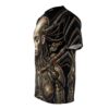 Cyberpunk cyborg sublimation tee featuring intricate mechanical details and a serene face, all over print wrap around graphic.