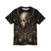 Cyberpunk cyborg all over print sublimation tee featuring intricate metallic and circuit board details on a black background.