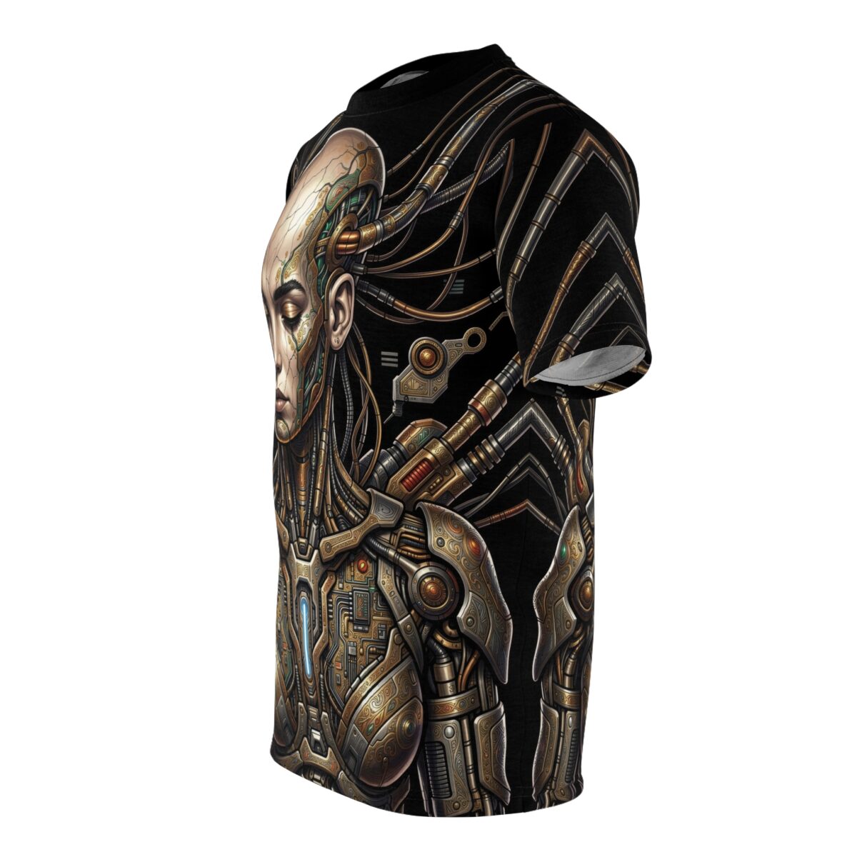 Cyberpunk cyborg sublimation tee featuring intricate mechanical details and a serene face, all over print wrap around graphic.