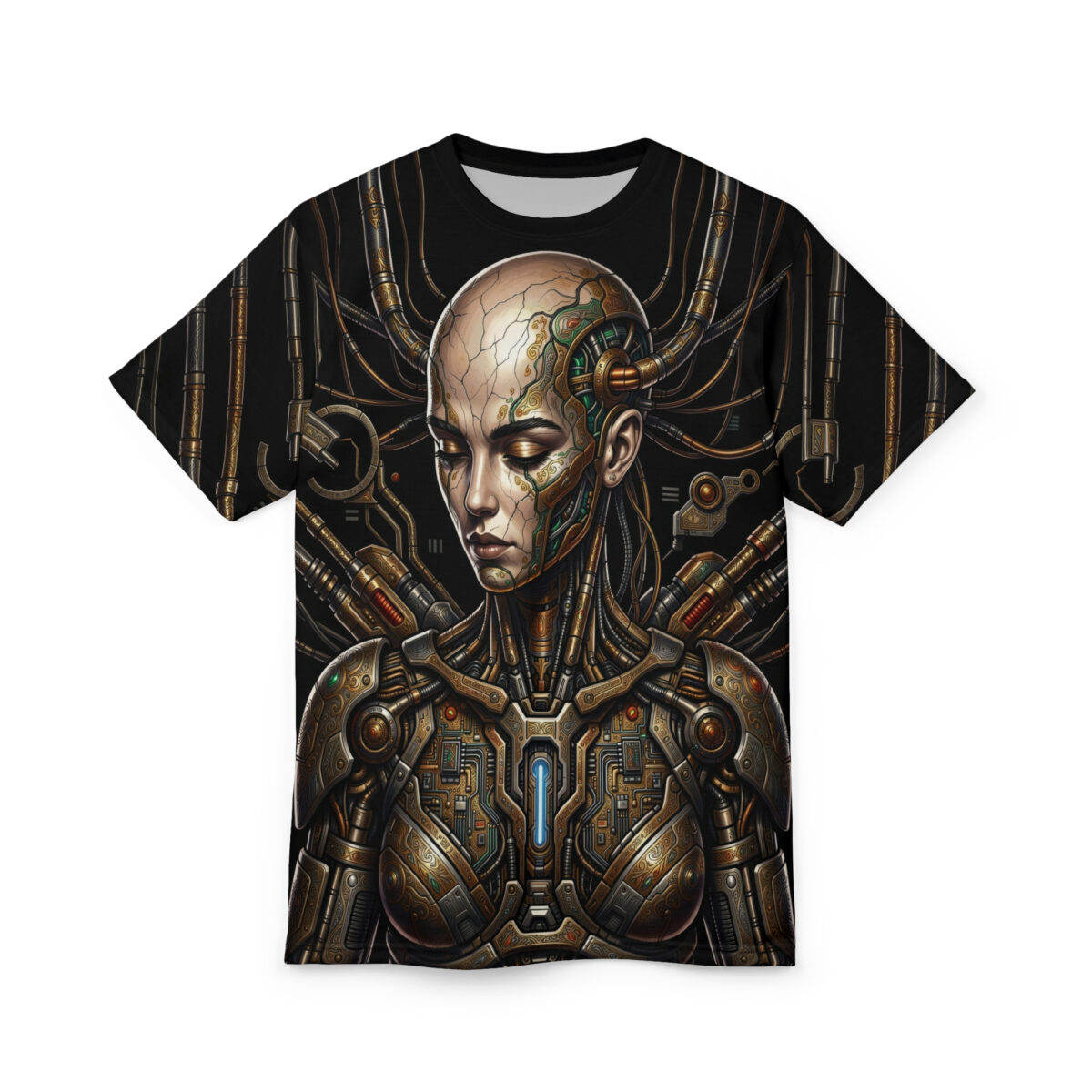 Cyberpunk cyborg all over print sublimation tee featuring intricate metallic and circuit board details on a black background.