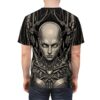 Cyberpunk all over print sublimation tee featuring a detailed cyborg face and mechanical body with wires, presented in a grayscale, high-tech aesthetic.