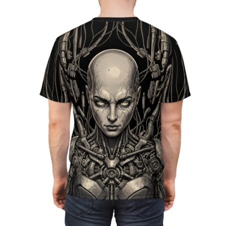Cyberpunk all over print sublimation tee featuring a detailed cyborg face and mechanical body with wires, presented in a grayscale, high-tech aesthetic.