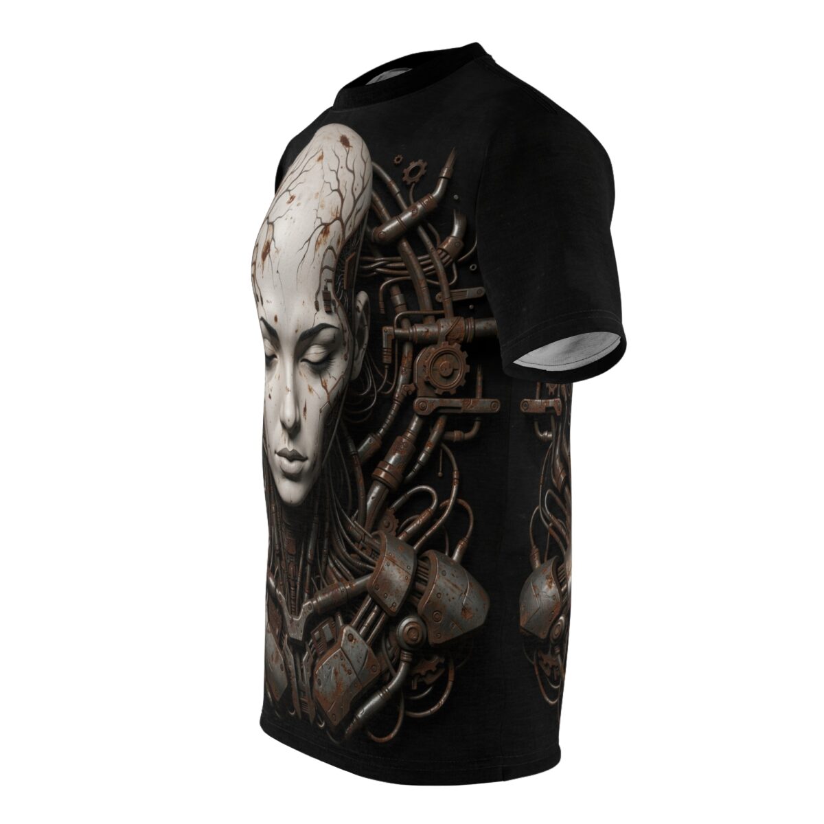 Cyberpunk cyborg face all over print sublimation tee featuring distressed metal tubes and wires integrated into the head.