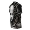 Cyberpunk all over print sublimation tee featuring a detailed cyborg face with intricate mechanical wiring, streetwear aesthetic.