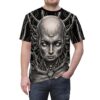 Cyberpunk cyborg face with intricate details and wires, sublimation tee, all over print.