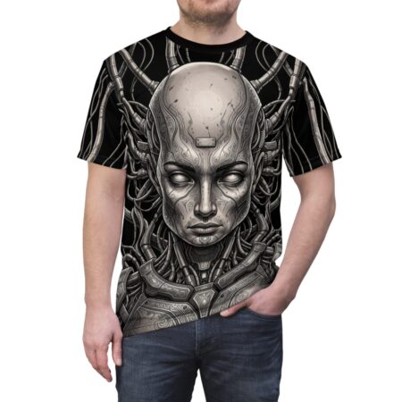 Cyberpunk cyborg face with intricate details and wires, sublimation tee, all over print.