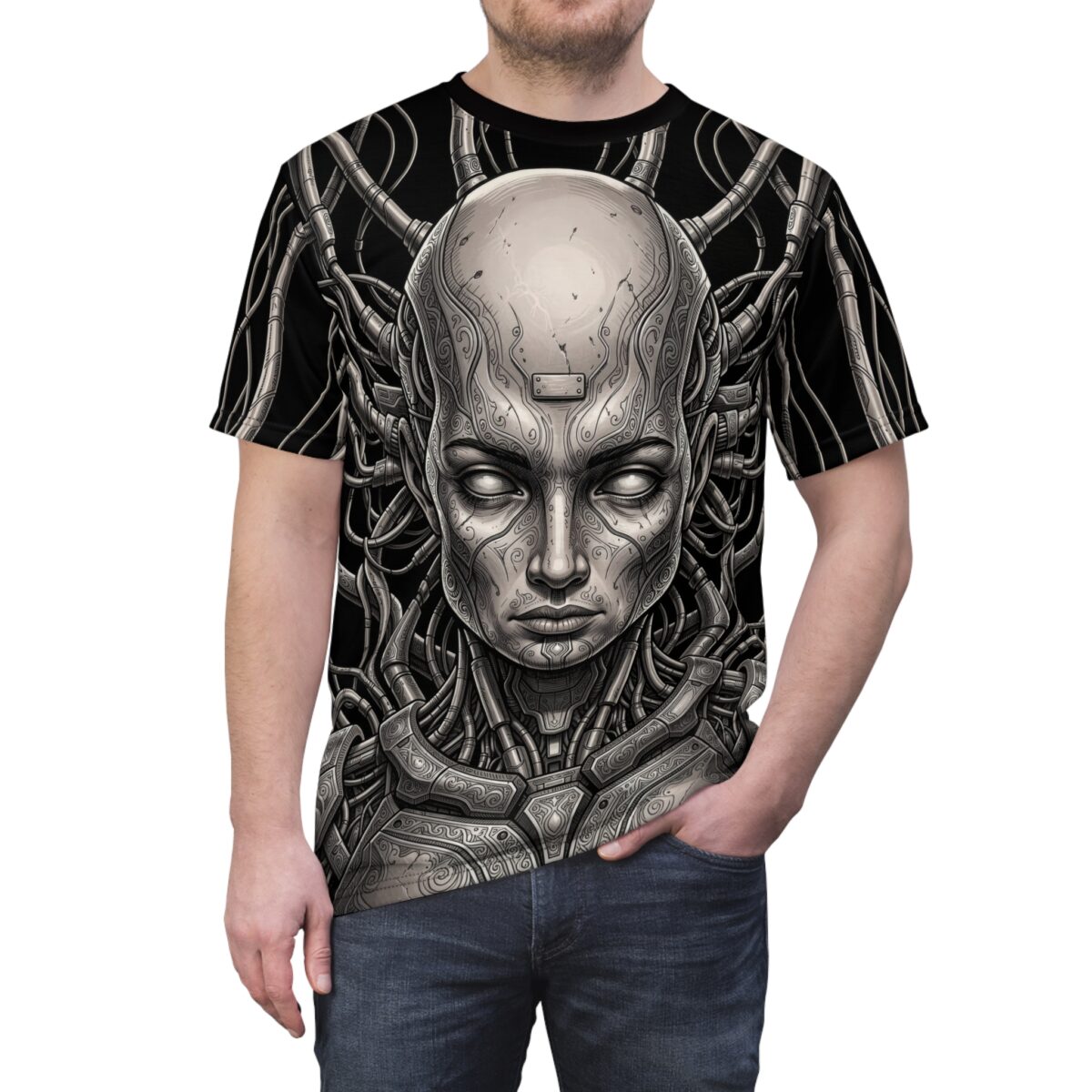 Cyberpunk cyborg face with intricate details and wires, sublimation tee, all over print.