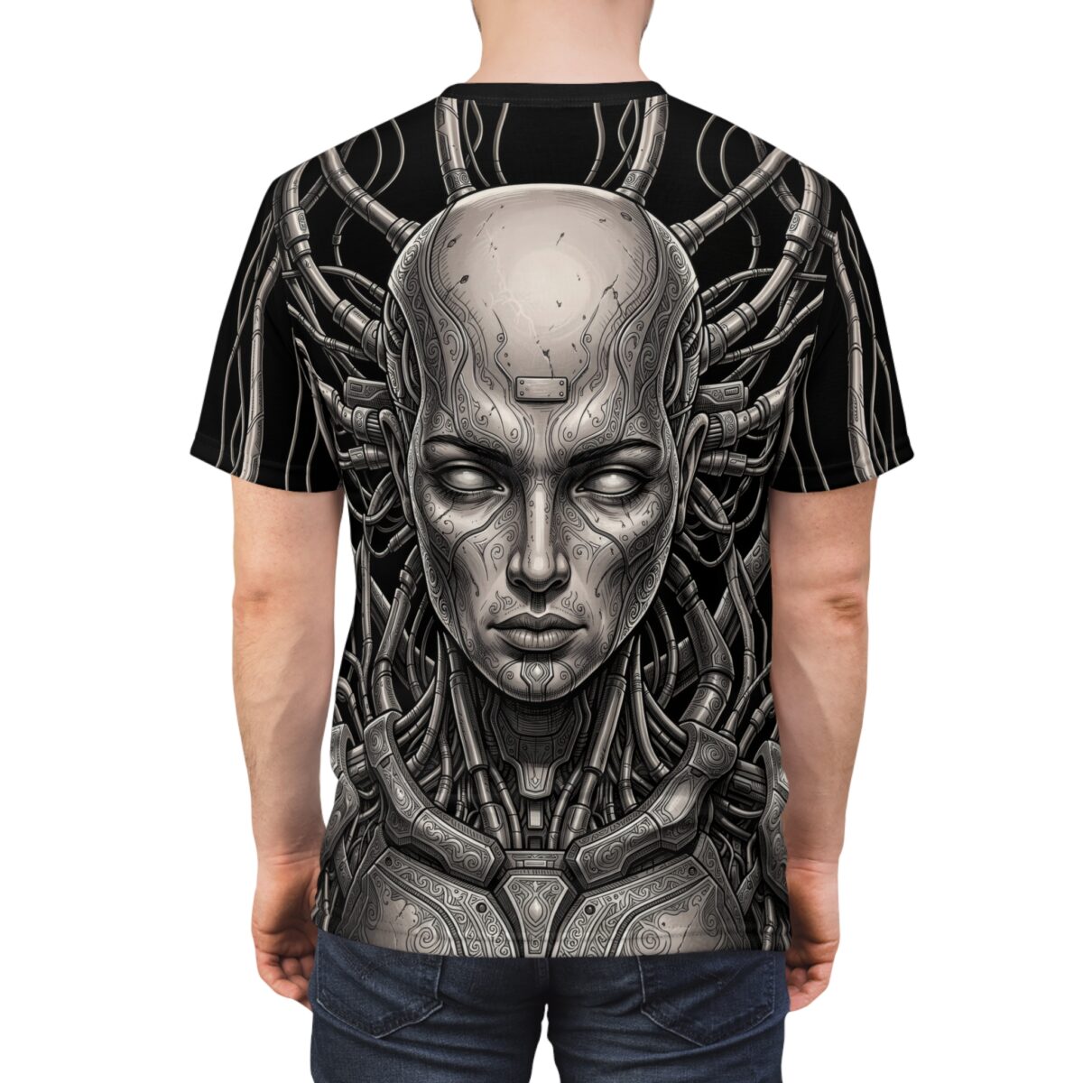 Cyberpunk cyborg face all over print sublimation tee featuring intricate mechanical details and a futuristic aesthetic.