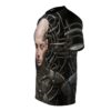 Cyberpunk all over print sublimation tee featuring a cyborg face with intricate mechanical details and wires.