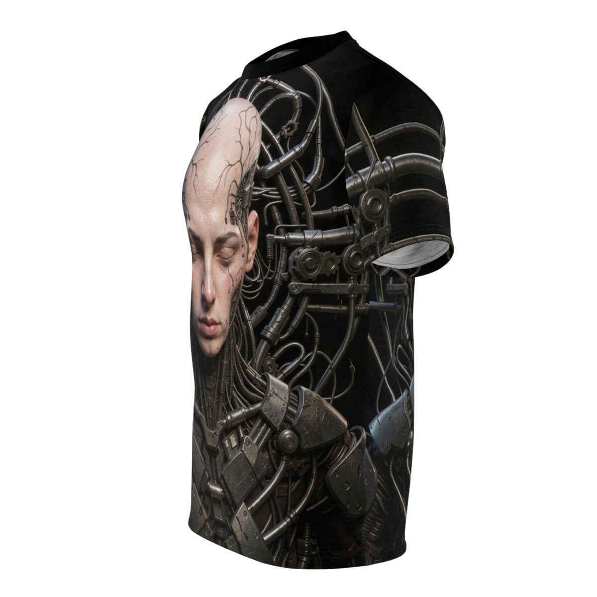 Cyberpunk all over print sublimation tee featuring a cyborg face with intricate mechanical details and wires.