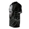 All over print sublimation tee featuring a cyberpunk cyborg woman's face intertwined with intricate mechanical tubes and wires.