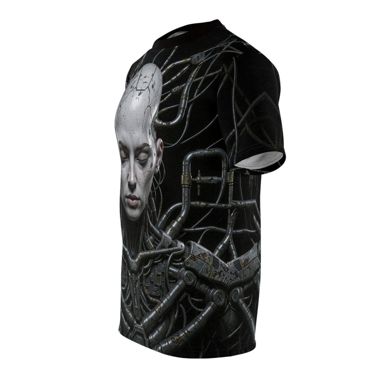 All over print sublimation tee featuring a cyberpunk cyborg woman's face intertwined with intricate mechanical tubes and wires.