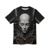 Cyberpunk cyborg head graphic all over print sublimation tee with metallic pipes and circuits.