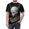 Cyberpunk cyborg head with blue circuit patterns and metal wiring, all over print sublimation tee.