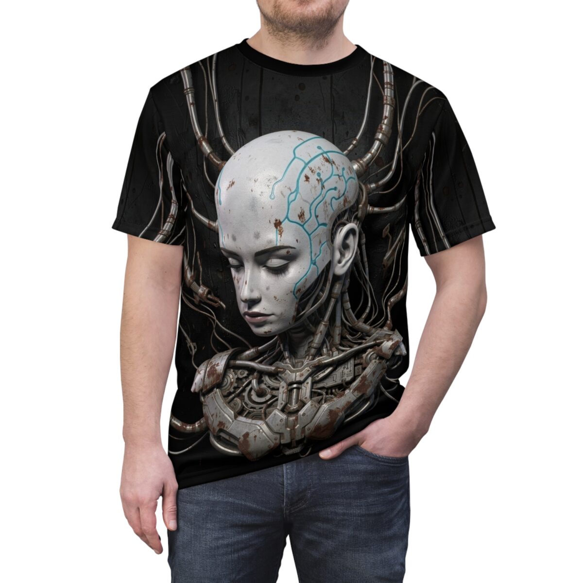 Cyberpunk cyborg head with blue circuit patterns and metal wiring, all over print sublimation tee.