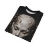 Cyberpunk cyborg head with intricate mechanical details and cracked skin, all over print sublimation tee with cyber grunge aesthetic.