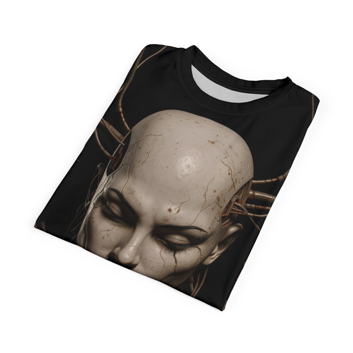 Cyberpunk cyborg head all over print sublimation tee with cracked skin and metallic wires integrated. Streetwear aesthetic graphic.