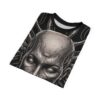 Cyberpunk cyborg head all over print t-shirt featuring intricate mechanical details and dark, stylized graphics for a streetwear aesthetic.