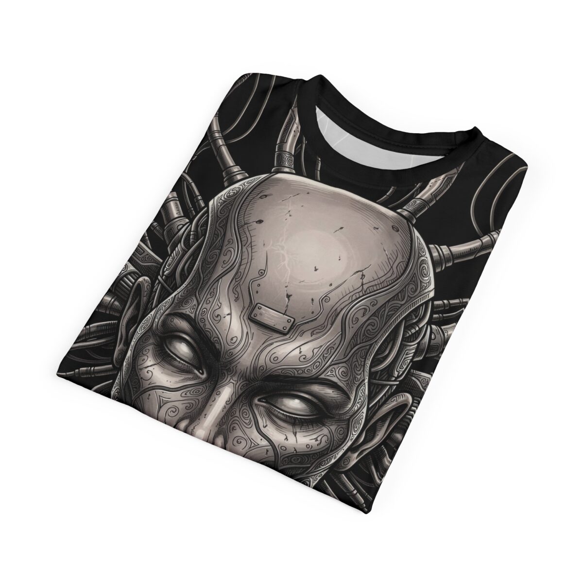 Cyberpunk cyborg head all over print t-shirt featuring intricate mechanical details and dark, stylized graphics for a streetwear aesthetic.