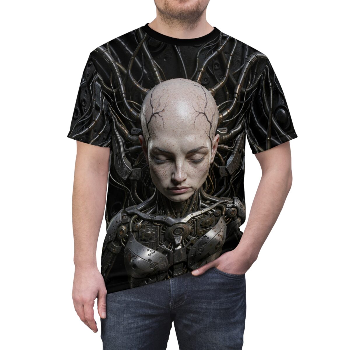 Cyberpunk cyborg head all over print t-shirt with intricate mechanical details and wires, featuring a realistic female face.