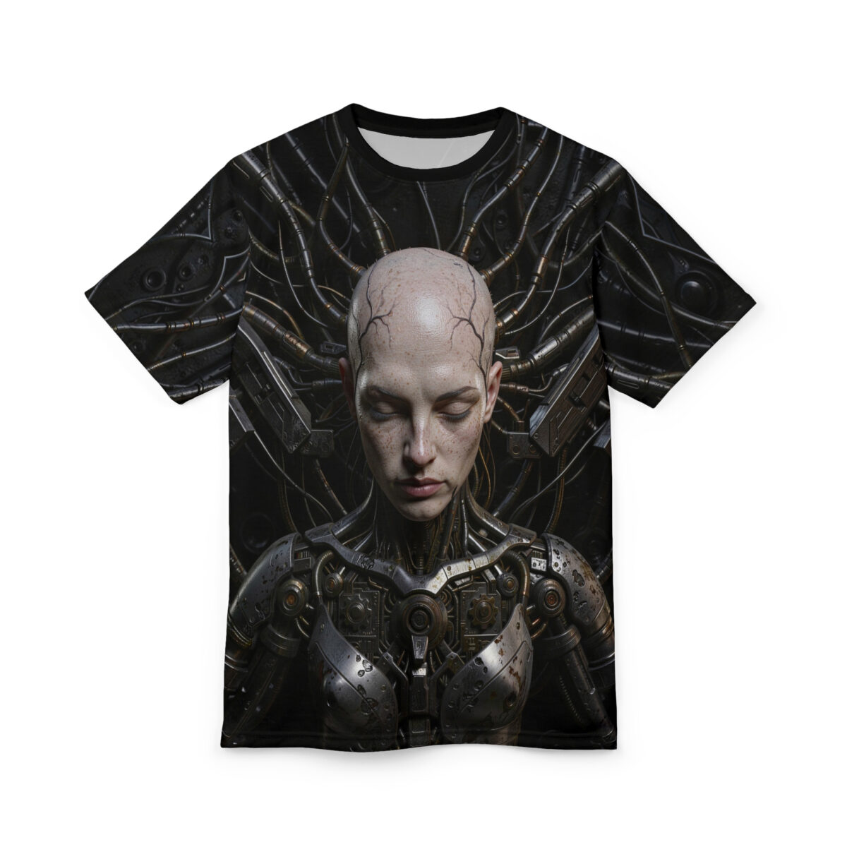 All over print sublimation tee featuring a cyberpunk cyborg woman's portrait with intricate mechanical details and wires.