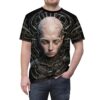 All over print t-shirt with a cyberpunk cyborg portrait and intricate mechanical details, featuring a seamless wrap around graphic.